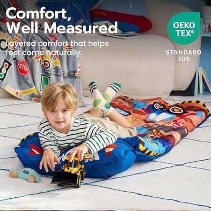 JOIEDOMI Toddler Nap Mat with Removable Pillow and Minky Blanket 55''x30'' Kids Sleeping Bag for Boys and Girls Ages 3-6 Roll Up Soft Nap Mats for Preschool Kindergarten Daycare Sleepover