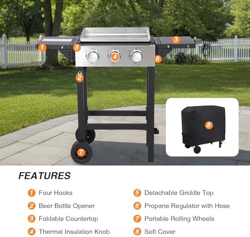 Gas Grill Griddle Combo with 3 Burners - Propane Grill on Cart - Stainless Steel 30,000 BTU -Camping Grill with 2 Foldable Tables, Cover - Outdoor Cooking Station for BBQ Backyard