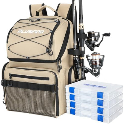 PLUSINNO Cooler Fishing Backpack with Rod Holders 45L Large Water-resistant Fishing Tackle bag Store Fishing Gear Fishing Gifts for Men Father