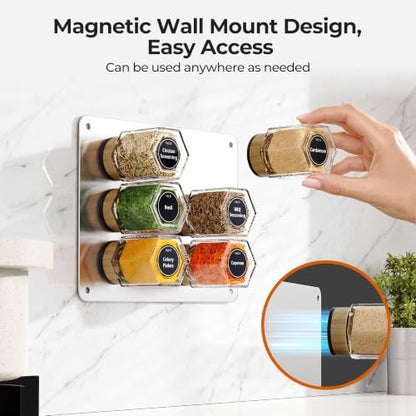 Vetacsion Set of 18 Magnetic Glass Spice Tins with 100 Preprinted Seasoning Label Stickers (Include Black Metal Wall-Plates)