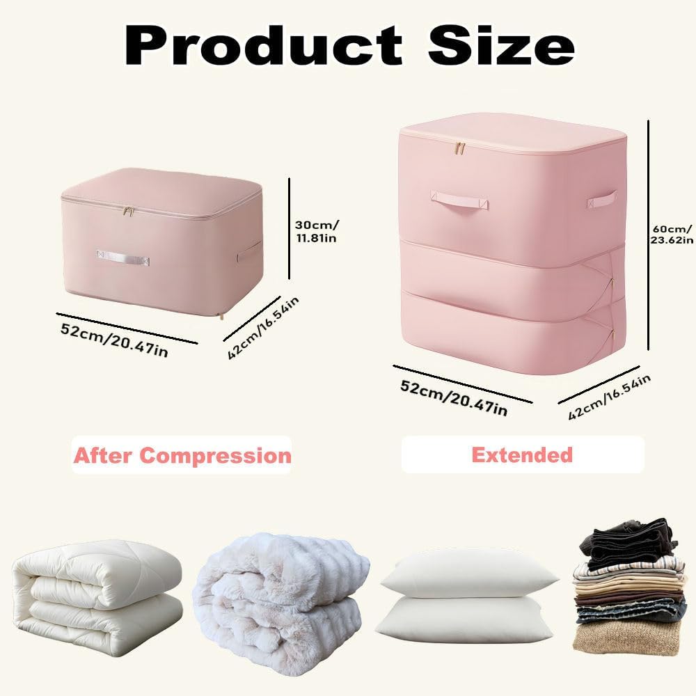 Ultra Space Saving Self Compression Organizer, 2025 New 3-Layer Zipper Large Capacity Storage Bag, Thick Satin Fabric Heavy Duty Bags for Comforters Blankets Bedding Duvet (Pink, X-Large, 21x17x24in)