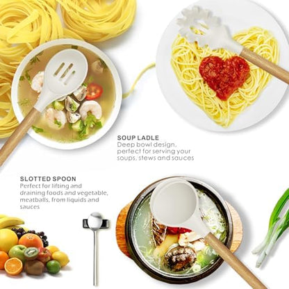 oannao Silicone Cooking Utensils Set - 446°F Heat Resistant Silicone Kitchen Utensils for Cooking,Kitchen Utensil Spatula Set w Wooden Handles for Non-Stick Cookware, BPA FREE (Cream White)