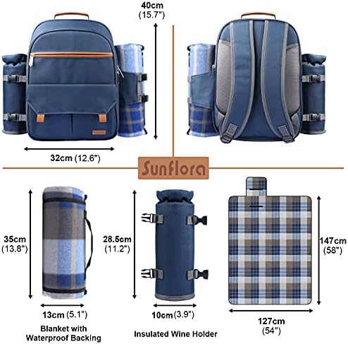 Sunflora Picnic Backpack for 2 Person Set Pack with Insulated Waterproof Pouch for Couple Outdoor Camping (Navy)