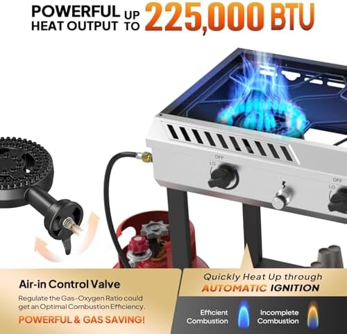 Bonnlo 3 Burner Propane Stove with Inginition, 225000BTU Gas Stove with Storage Shelf and Portable Rolling Wheels, Gas Burner for Outdoor Camping Patio Backyard Cooking Boiling Frying Stewing