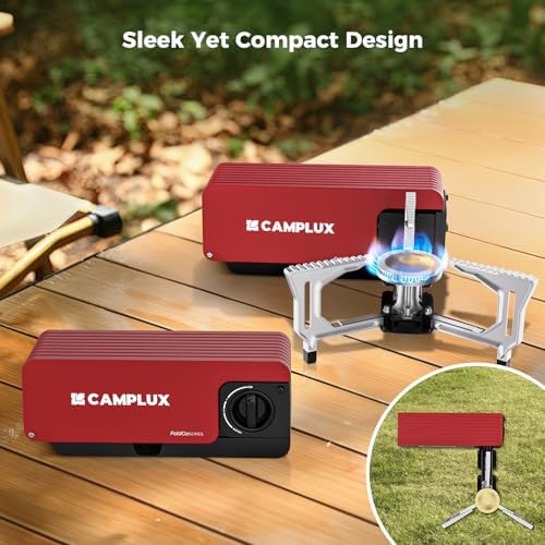 CAMPLUX FoldGo Camping Stove, 7500 BTU Portable Butane Gas Stove, Foldable Cassette Stove with Carry Bag & Adjustable Burner, CSA Certified Collapsible Butane Stove for Outdoor Cooking, Red