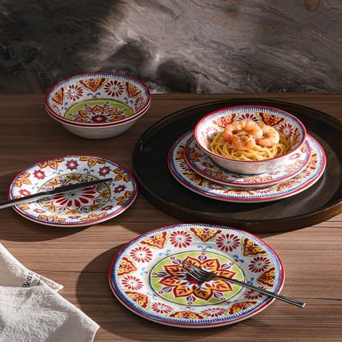 Premium Melamine Dinnerware Sets for 4, 12-Piece Plates and Bowls Sets, Red