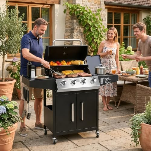 ROVSUN 4-Burner Propane Gas BBQ Grill with Side Burner & Enameled Cast Iron Grates, 58,000 BTU Barbecue Grill with Wheels for Outdoor Patio Backyard Cooking Grilling, Black