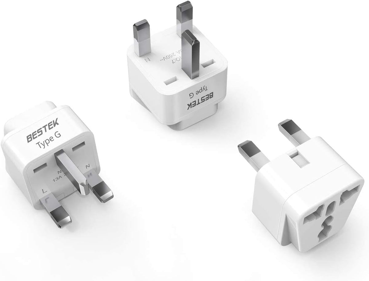 BESTEK UK Travel Plug Adapter Set, Grounded Universal Power Plug Adapter for USA to Type G Countries, UK, Ireland, Hong Kong and More-3 Packs