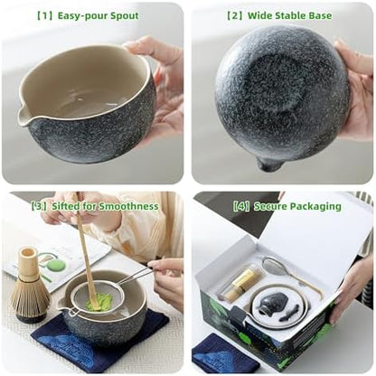 TEANAGOO Matcha Whisk Set Black,7 Pcs Matcha Set,Matcha Kit for Ceremony,Tradition Tea Set for Making Breakfast/Latte,Matcha Whisk Set with Bowl(Chawan)/Whisk and Holder,Gift for Family/Friend