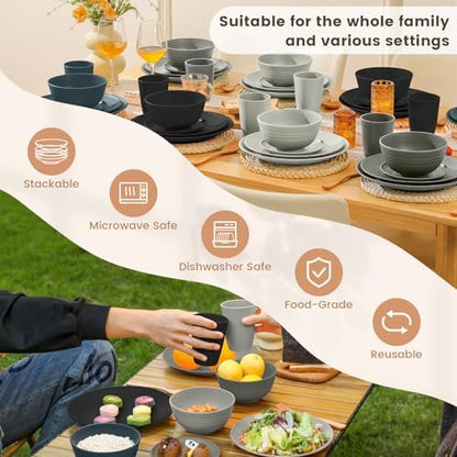 Homienly Premium 40 PCS Wheat Straw Dinnerware Set - Dinner Plates, Cereal Bowls, Unbreakable Cups Set, Microwave and Dishwasher Safe Dishes Set, Reusable Lightweight Dish Sets for Kitchen(Black Grey)