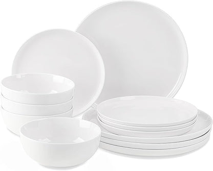Plates and Bowls Sets, 12 Pieces Dinnerware Sets, Ceramic Dishes Set for 4, White Kitchen Dishware Set, Microwave and Dishwasher Safe