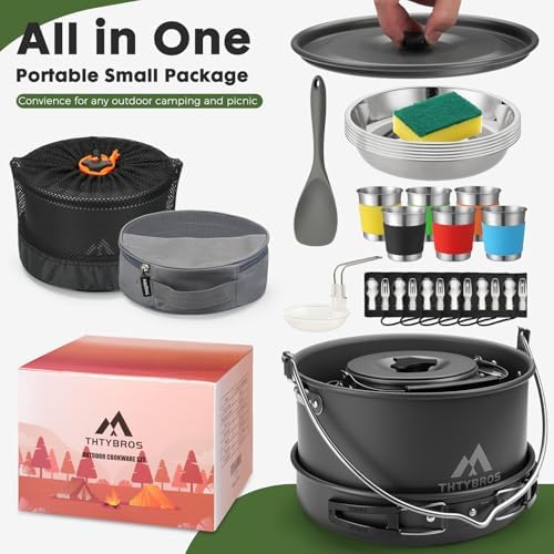 THTYBROS 43-Piece Camping Cookware Set,Large Mess Kit for 6 Persons,with 4.75QT Pot,2.1QT Kettle,Frying Pan,Cups,Utensils and Tableware,Heavy Duty Aluminum Cook Set for Outdoor Camping,Hiking,Picnic