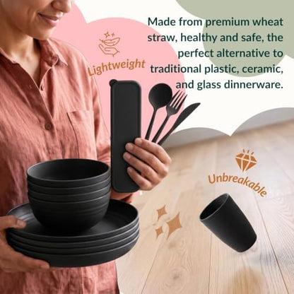 Homienly Plates and Bowls Sets 28 Pcs Black Wheat Straw Dinnerware Sets