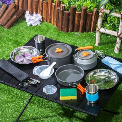 Soulchen 25 Pcs Camping Cookware Mess Kit Camping Pots and Pans Set with 2 Set Stainless Steel Cups Plates Forks Knives Spoons for Camping, Backpacking, Outdoor Cooking and Picnic
