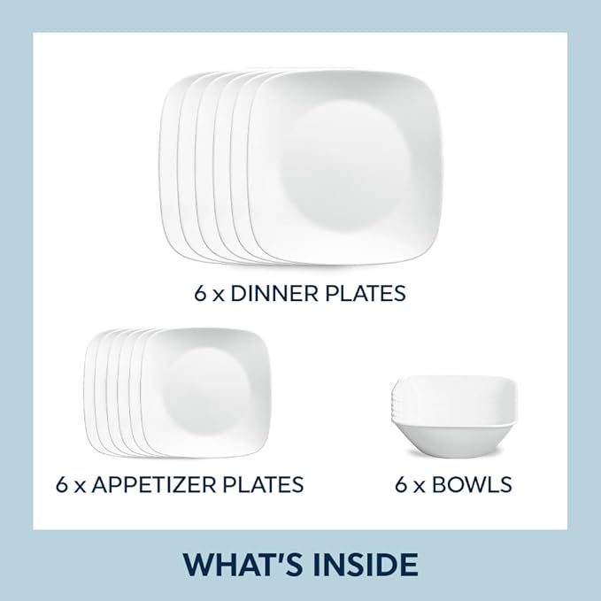 Corelle Vitrelle 18-Piece Service for 6 Square Dinnerware Set Triple Layer Glass and Chip Resistant, Lightweight Square Plates and Bowls Set, Pure White