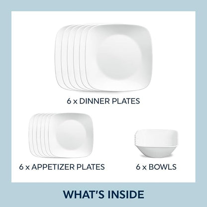 Corelle Vitrelle 18-Piece Service for 6 Square Dinnerware Set Triple Layer Glass and Chip Resistant, Lightweight Square Plates and Bowls Set, Pure White