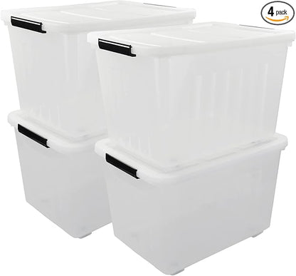 4 Packs 70L Large Plastic Storage Container with Wheels and Latching Lid, Stackable Storage Containers Bin, Clear