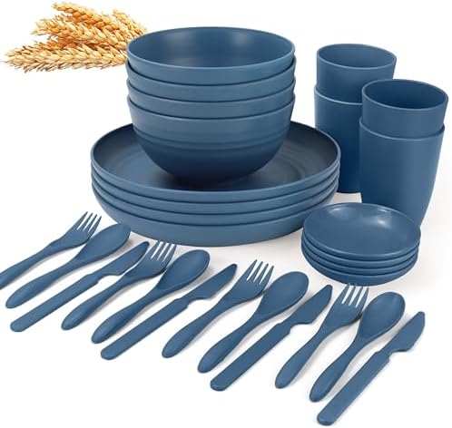 Wrova Wheat straw plates and bowls sets with cutlery - Unbreakable wheat straw dinnerware sets - Dishwasher safe plates,bowls,cups for apartment.Blue