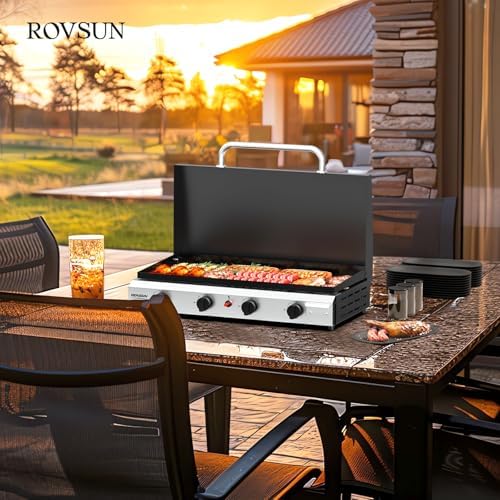 ROVSUN 4 Burner Portable Propane Griddle with Ignition & Regulator, 40,000 BTU Tabletop Flat Top Gas Grill with Enameled Tray & Lid for Outdoor Cooking Camping BBQ Tailgating Electronic