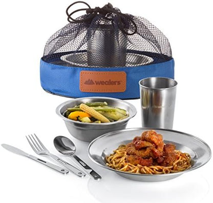 Unique Complete Messware Kit Polished Stainless Steel Dishes Set| Tableware| Dinnerware| Camping| Includes - Cups | Plates| Bowls| Cutlery| Comes in Mesh Bags