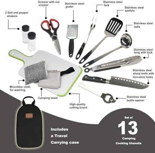 Camp Kitchen Utensil Organizer Travel Set Portable BBQ Camping Cookware Stainless Steel Utensils Travel Kit Outdoor Equipment Cutting Board Tongs Scissors Knife Ladle Spatula