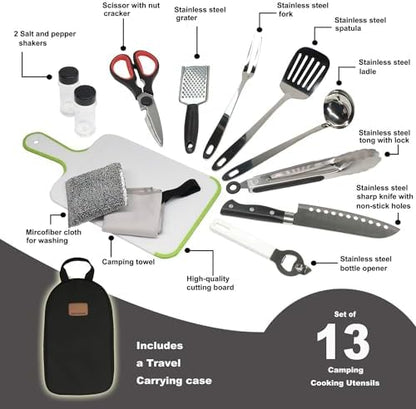 Camp Kitchen Utensil Organizer Travel Set Portable BBQ Camping Cookware Stainless Steel Utensils Travel Kit Outdoor Equipment Cutting Board Tongs Scissors Knife Ladle Spatula