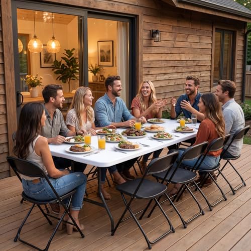 2 Pack 8FT Folding Table, Foldable Picnic Table with Carrying Handle, Heavy Duty Fold-in-Half Portable Table for Weddings, Camping, RV Travel, Parties, and Indoor Use, Easy to Fold and Store, White