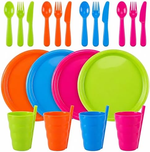 Basicwise 20-pc Reusable Plastic Dinnerware Set for 4 – Microwavable & Dishwasher Safe Assorted Color Plates, Cups, and Cutlery for Party, Picnic, Camping, Outdoor Gathering & Everyday Dining