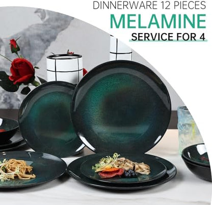 12pcs Plates and Bowls Set, Green Dinner Dishes Set