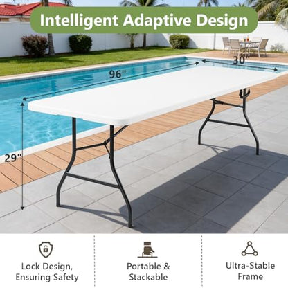 2 Pack 8FT Folding Table, Foldable Picnic Table with Carrying Handle, Heavy Duty Fold-in-Half Portable Table for Weddings, Camping, RV Travel, Parties, and Indoor Use, Easy to Fold and Store, White