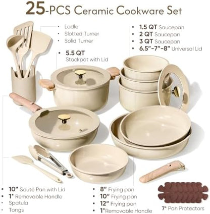CAROTE 25pcs Ceramic Cookware Set, Pots and Pans Set with Detachable Handle