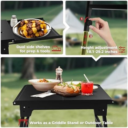 CAMPLUX Griddle Stand for 17” / 22” Tabletop Griddles, Foldable Grill Stand with Dual Side Shelves, 18.1–29.2” Adjustable Height, Anti-Rust Outdoor Griddle Table for Camping & Tailgating