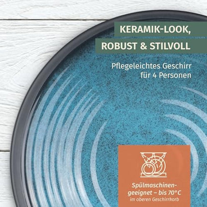 Moritz Camping Tableware Made of Melamine for 4 People, 12 Pieces, Dishwasher Safe, Picnic Crockery Set, Crockery Camping Tableware, Stone Blue Design