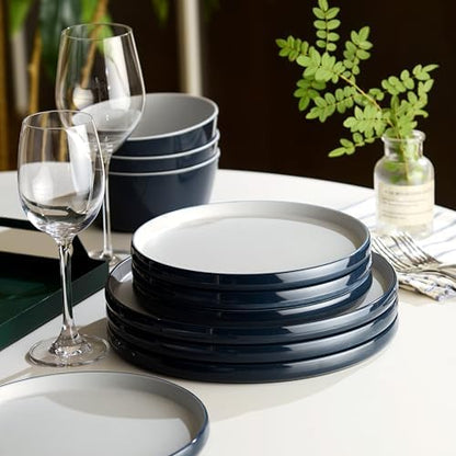 Melamine Dinnerware Sets,Plate and Bowl Set for 4,Navy Blue,Gray