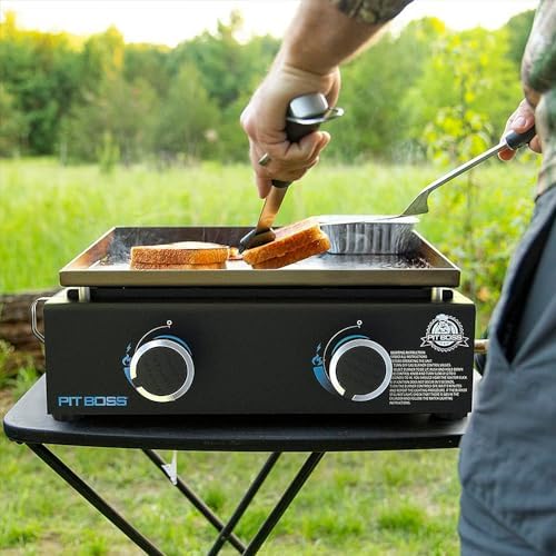 Pit Boss 2-Burner Propane Gas Portable Tabletop Griddle Grill with Soft Cover, 265-Sq. In. (18.5' L x 14.33' W) Cooking Space, 18,000 BTU, for Tailgating, Camping, and Traveling, Black