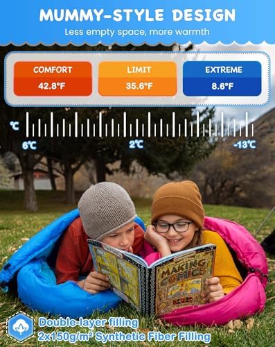 KingCamp 45°F Kids Sleeping Bag, 100% Flannel Sleeping Bag for 10-12 Child