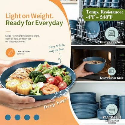 Wrova Plates and Bowls Set,Wheat Straw Dinnerware Sets,Blue Dish Set for 8