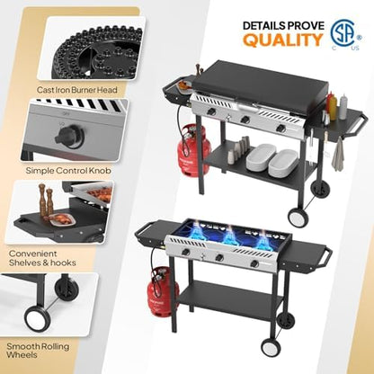 Bonnlo 2-in-1 Propane Stove and Griddle, 3 Burner Outdoor Gas Cooker with Iginition, Storage Shelf and Portable Wheels, 225000BTU Output Camping Stove for Backyard Cooking BBQ Frying and Boiling
