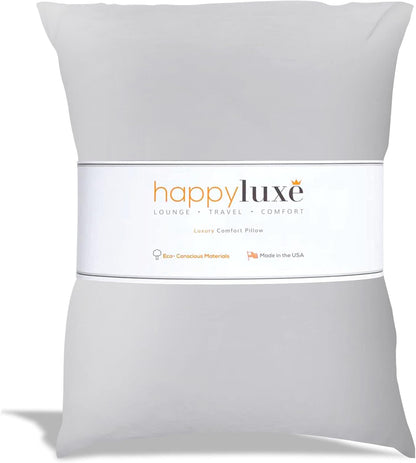 Happyluxe Odyssey Travel Pillow for Long Flights - Soft, Small, Alternative to Down and Memory Foam. 17 x 13in - Made in The USA, Silver Gray Airplane Pillow for Adults Sleeping, Camping or Nap