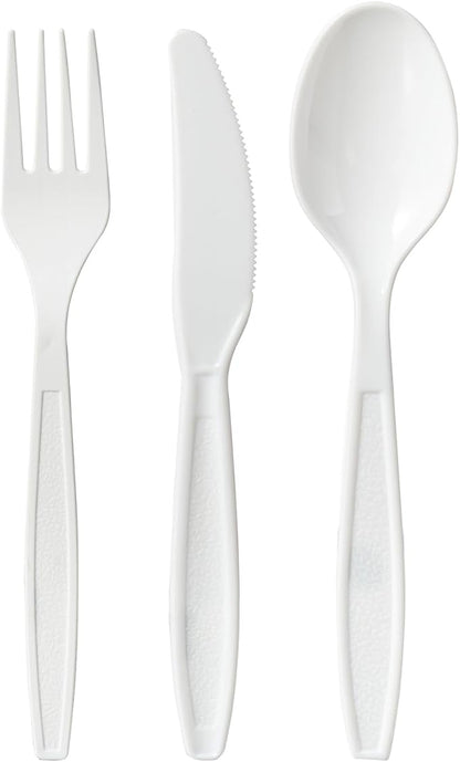 White Plastic Forks Spoons Knives Heavyweight Utensils Disposable Silverware Heavy Duty Cutlery Set [300 Combo Box]
