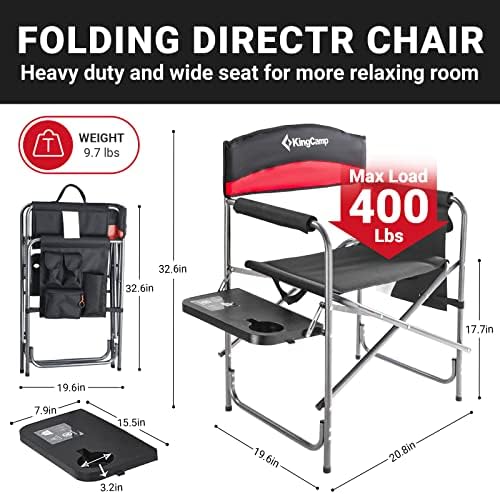 KingCamp 2-Pack Camping Folding Director Chairs with Side Table & Storage, Red