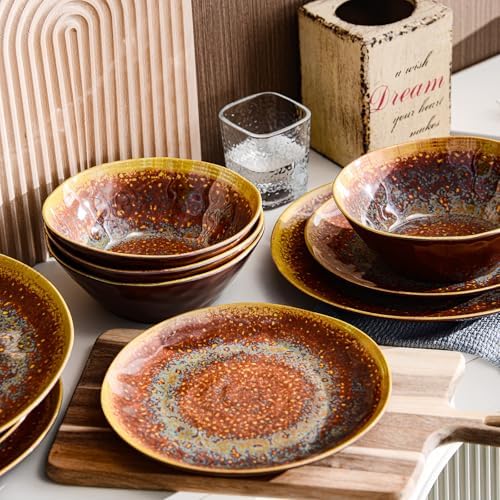 FINE&NICE Melamine Dinnerware Set of 12Pcs, Dish Set for 4, Lightweight Unbreakable Plate and Bowl Set for Patio, RV and Camping, Dishwasher Safe,Rusty Brown