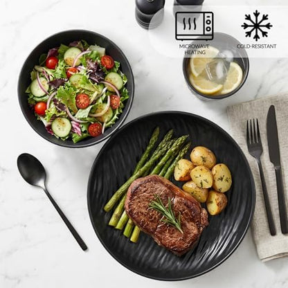 18-Piece Black Wheat Straw Dinnerware Set for 6 (6 Plates, 6 Bowls, 6 Cups) - Heavy Duty Unbreakable Rock-Textured Set, Elegant Microwave Safe & Reusable for Camping & Outdoor Use