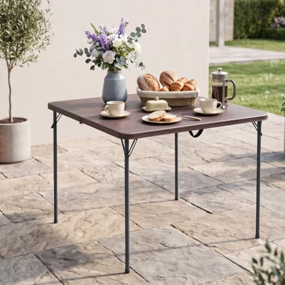 34" Square Folding Table for 4 Person, 330lbs Weight Capacity Foldable Table with HDPE Tabletop & Heavy-Duty Steel Legs, Portable Picnic Table for Indoor Outdoor Parties, Camping, Coffee Woodgrain