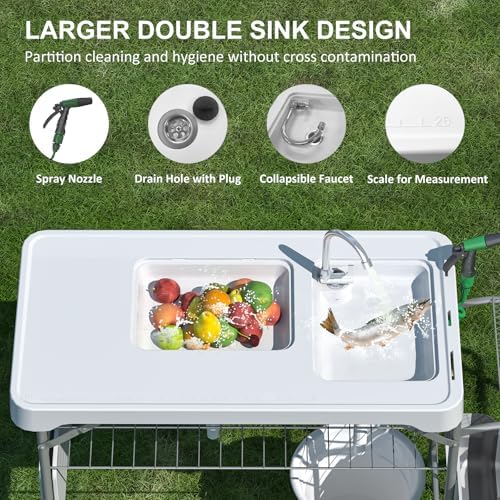 42.5" Fish Cleaning Table with Dual Sink for Camping, Picnic, White