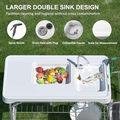 42.5" Fish Cleaning Table with Dual Sink for Camping, Picnic, White