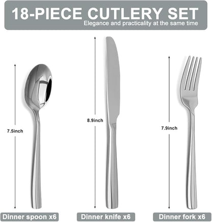 Silverware Set,18/10 Stainless Steel 18Piece Silverware Set For 6,With Dinner Knives Spoon Forks Set for Home, Kitchen and Restaurant, Mirror Polished& Dishwasher Safe