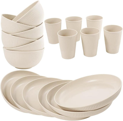 36-Piece Reusable Wheat Straw Dinnerware Sets for 6, Farielyn-X Unbreakable Reusable Set Kitchen Cups, Plates, Bowls Sets & Cultery Dishwasher Microwave Safe - Patio, Outdoors, RV, Camping Dishes