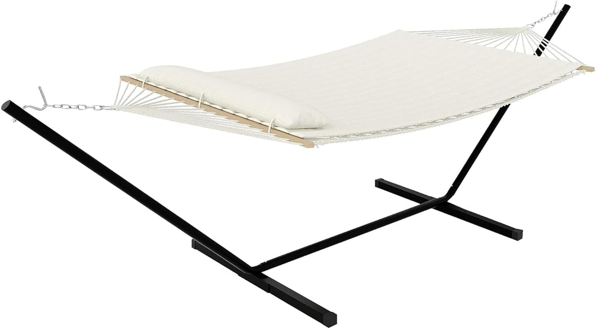 Double Hammock with Stand for 2 Persons Outdoor,Heavy Duty 450lb Capacity,with Portable Steel Frame,Cotton Rope,Polyester Pad and Carry Bag,Perfect for Garden Camping Beach Backyard Patio