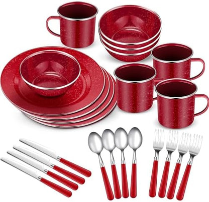 Nuogo 24 Pcs Camping Dinnerware Enamel Mugs Plates Bowls Utensils, Red